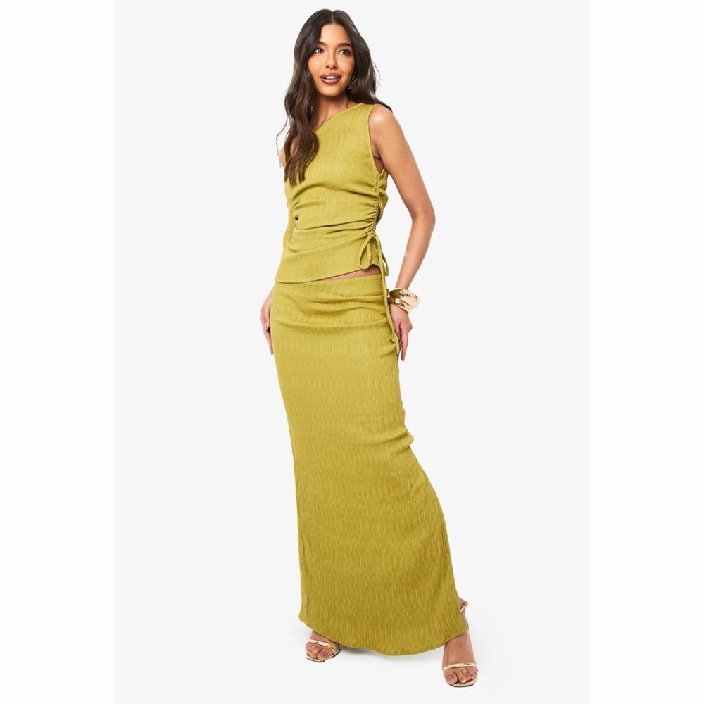 Textured Olive Maxi Skirt with Side Slit